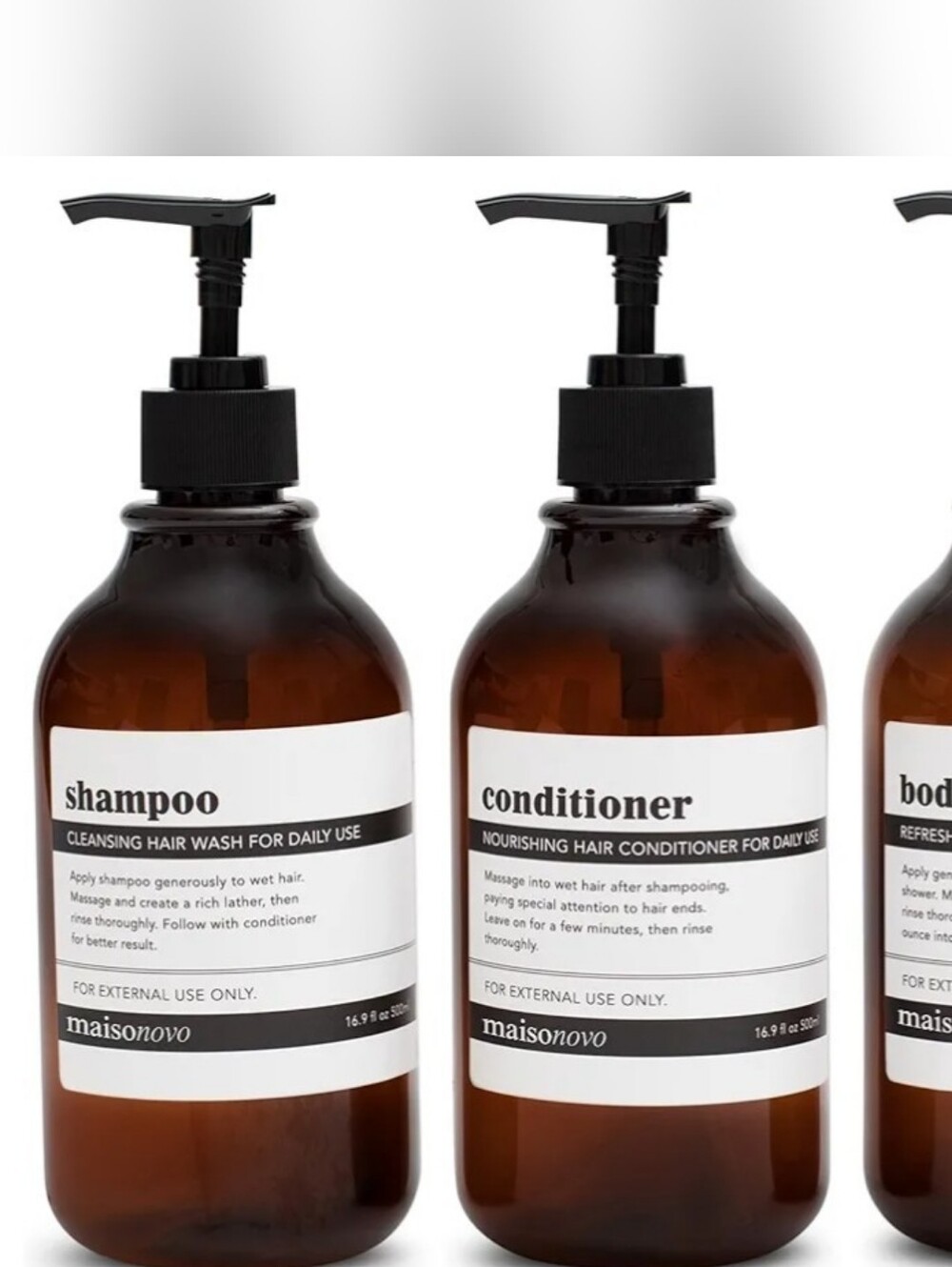 Set Of 3 Maisonovo Shampoo, Conditioner, And Body Wash Bottles.